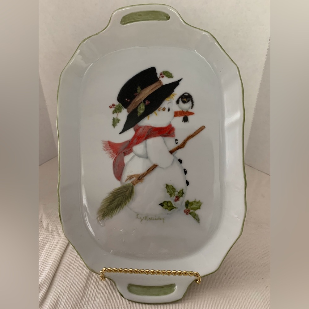 Porcelain 9.25” Snowman Signed Tray